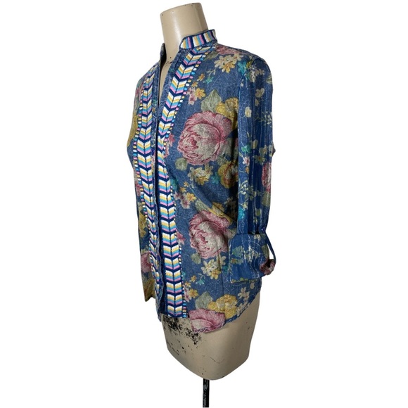 Chambray Floral Rose Embroidered Banded Collar Blouse Boho Chic Sz S - Picture 4 of 5